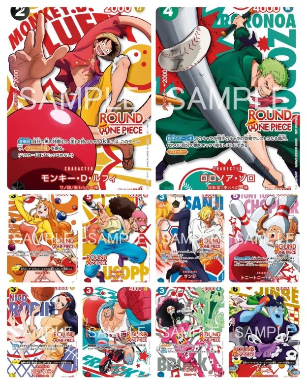 Round1 x ONE PIECE promo card image showing the 10 Straw Hat crew character cards from the 2026 collaboration